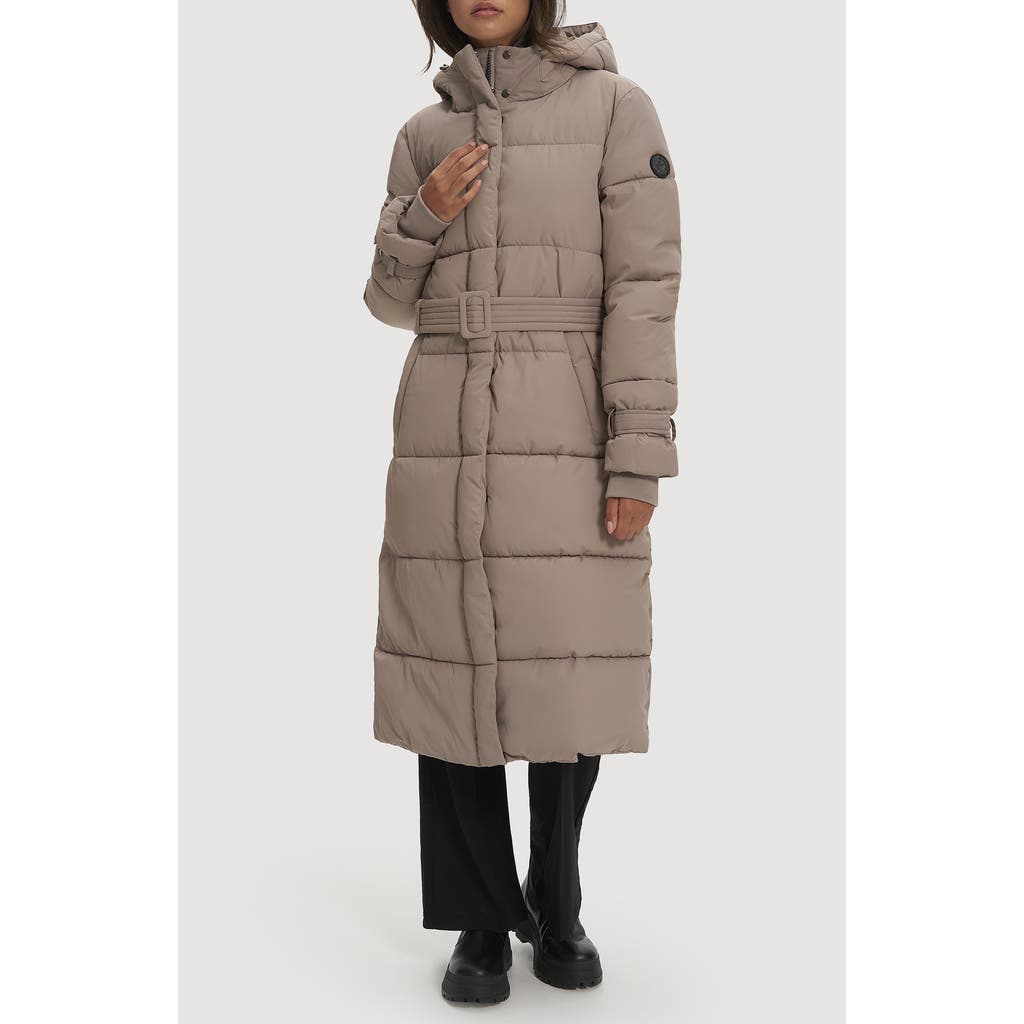 Noize Mara Belted Maxi Puffer Coat With Removable Hood In Brown