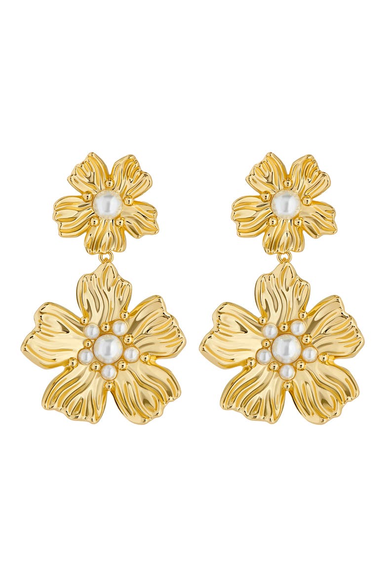 Petaria Imitation Pearl Flower Statement Drop Earrings, Main, color, GOLD TONE PEARL