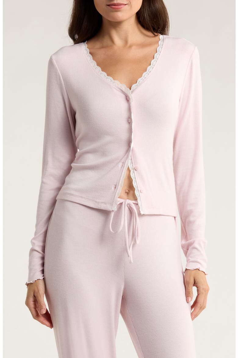 Daydream Lace Trim Rib Button-Up Lounge Top, Main, color, PINK CAKE