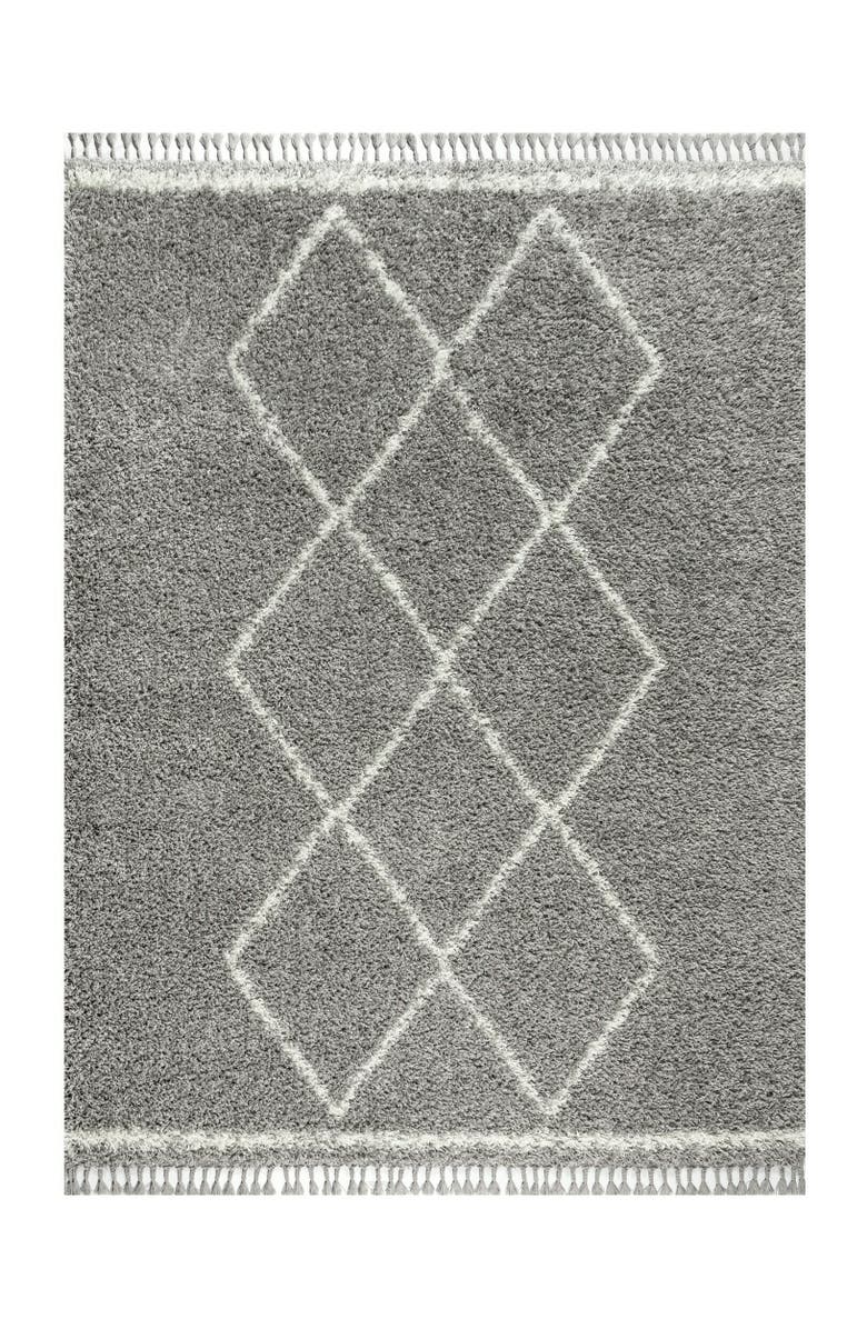 JONATHAN Y Mercer Shag Plush Tassel Moroccan Geometric Trellis Denim Area Rug, Alternate, color, Gray/Cream