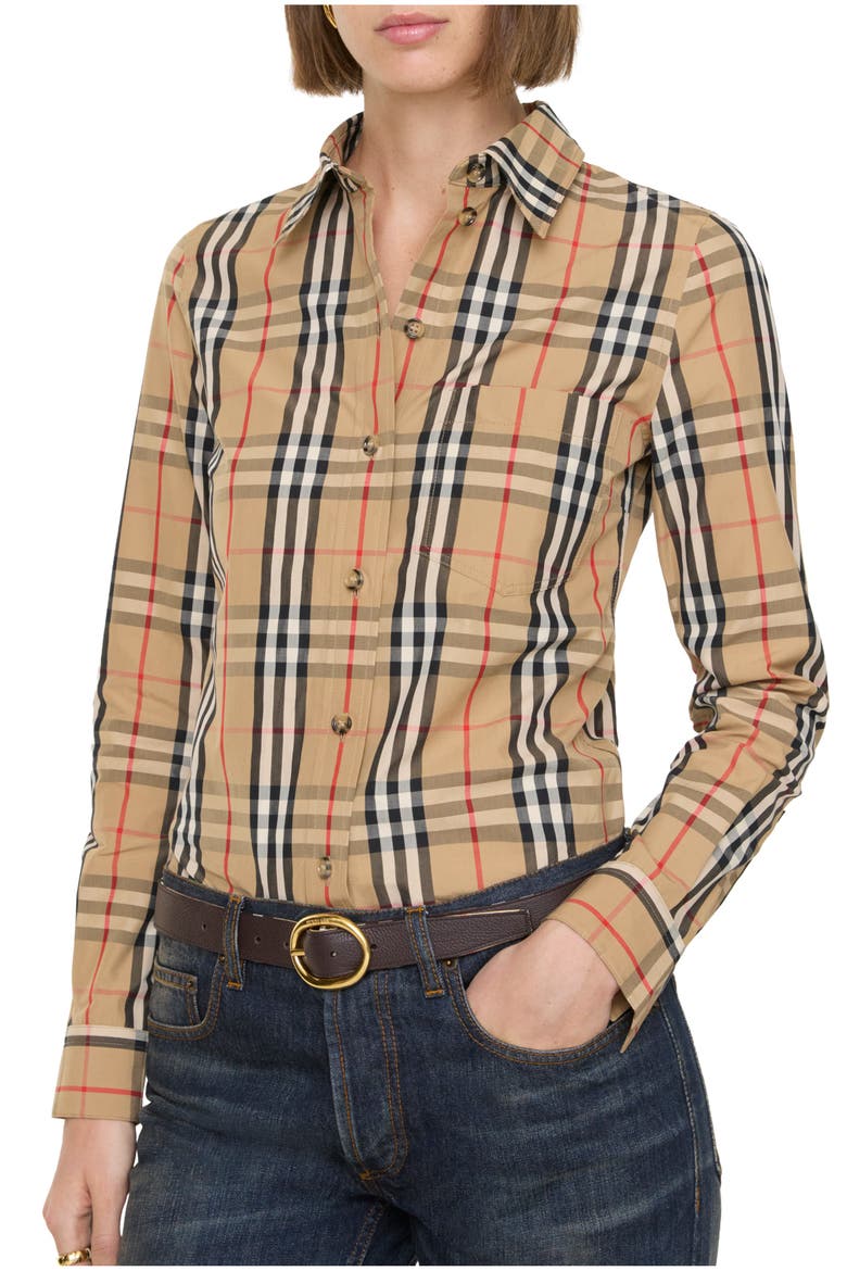 Check Stretch Cotton Shirt, Main, color, Archive beige