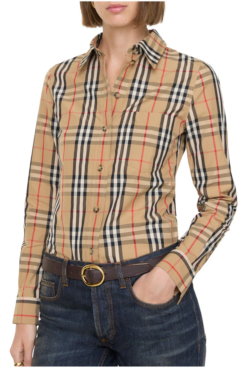 Burberry Check Stretch Cotton Shirt, Main, color, Archive Beige