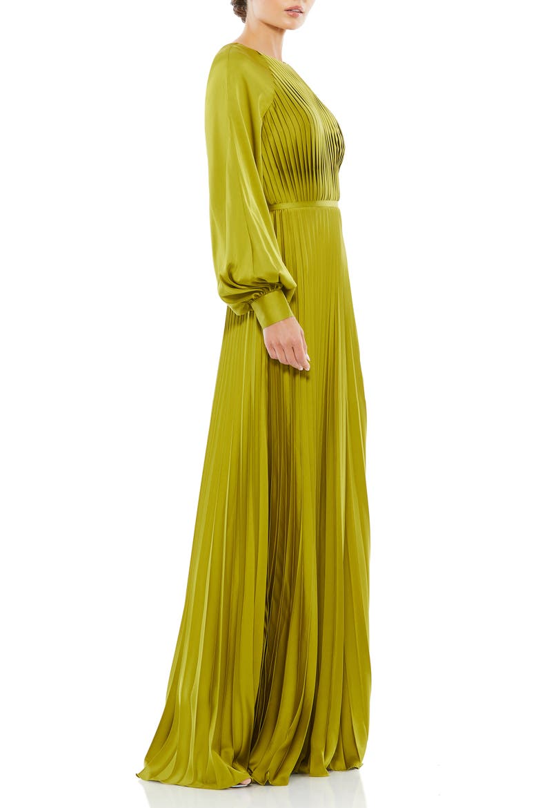 Pleated High Neck Raglan Long Sleeve Side Slit Gown, Alternate, color, APPLE GREEN