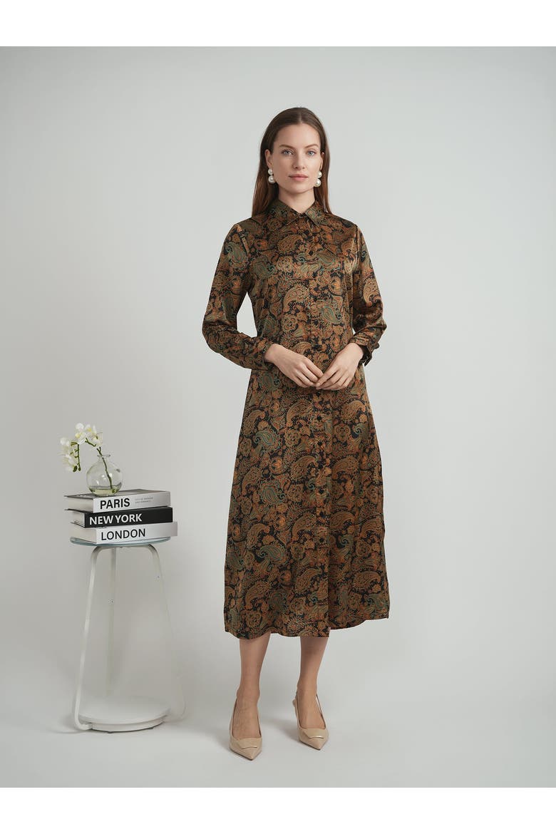 Satin Long Sleeve Button-Down Midi Shirt Dress, Alternate, color, Black Leafs