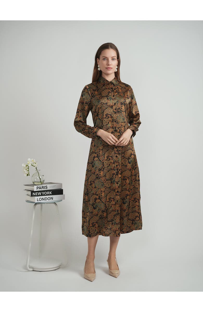 Coco de la Mour Satin Long Sleeve Button-Down Midi Shirt Dress, Alternate, color, Black Leafs