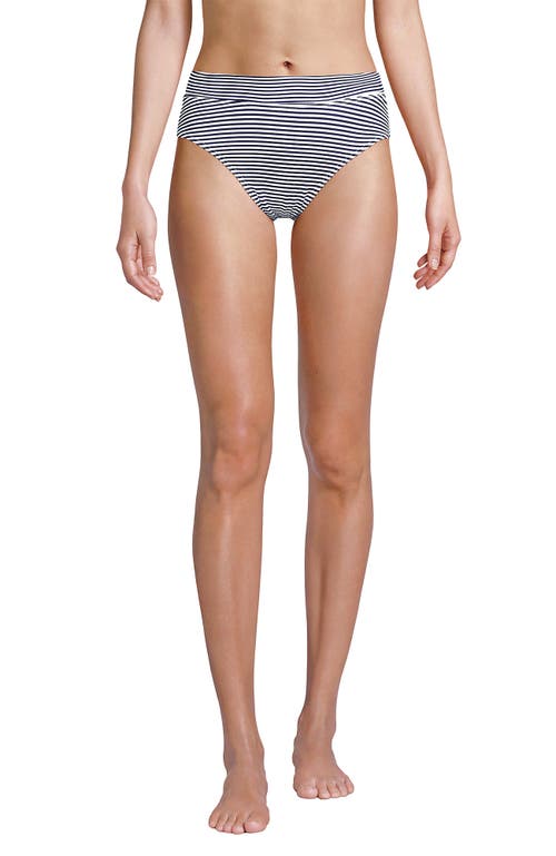 Lands' End Chlorine Resistant Pinchless High Waisted Bikini Bottoms In Deep Sea Navy Mini Stripe