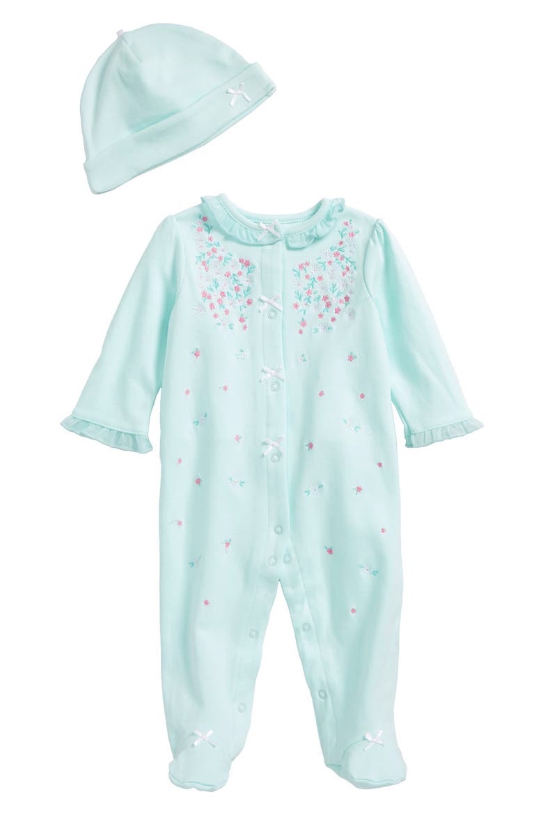 Sweet Flower Footie & Hat Set, Main, color, SEAFOAM