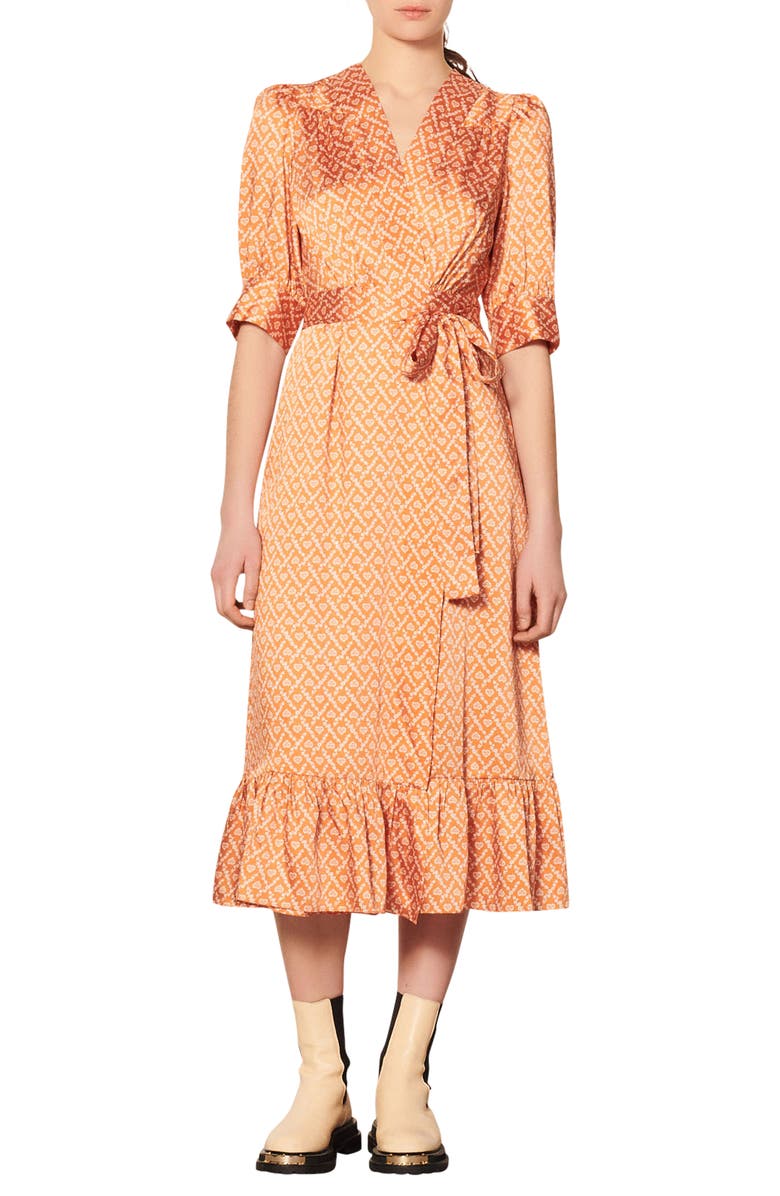SANDRO Enrika Satin Wrap Midi Dress, Main, color, 