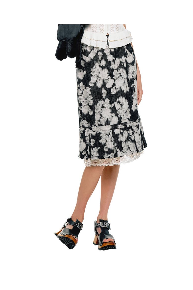 Rose Illusion Denim Lace Trimmed Skirt, Alternate, color, Black
