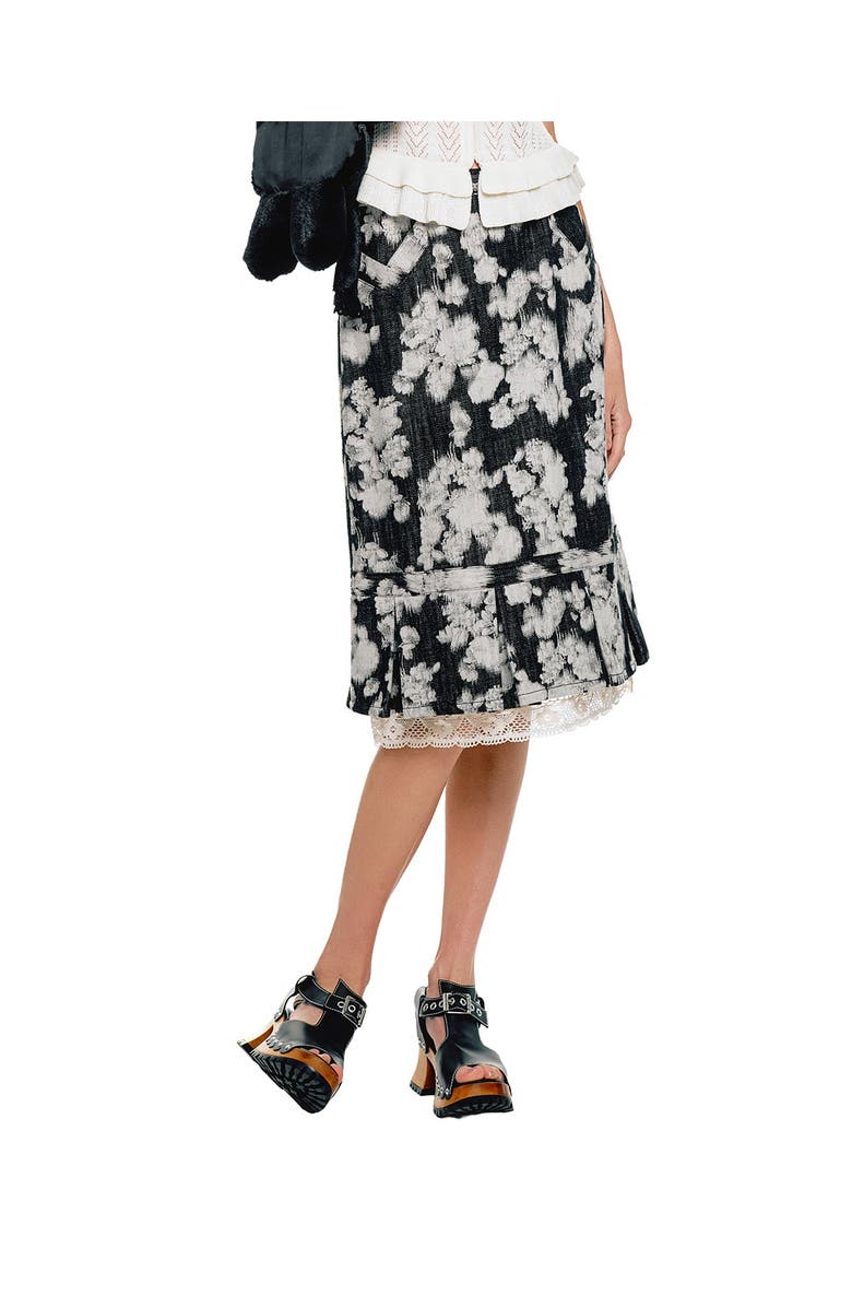 Anna Sui Rose Illusion Denim Lace Trimmed Skirt, Alternate, color, Black