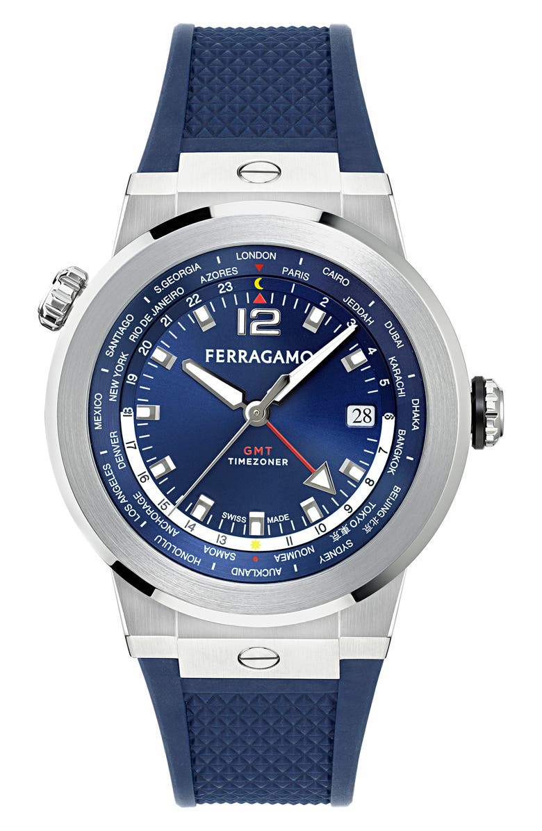 FERRAGAMO F-80 GMT Worldtime Silicone Strap Watch, 43mm, Main, color,