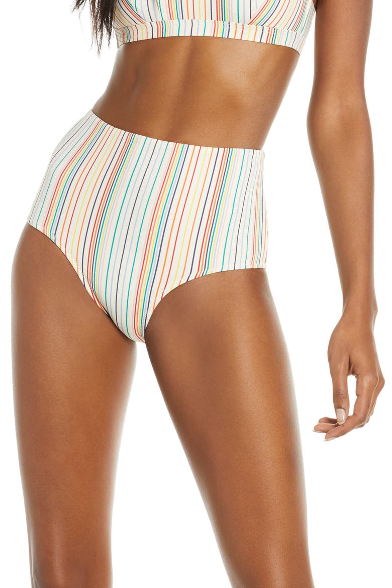 Second Wave Retro Rainbow Stripe High-Wasted Bikini Bottoms, Main, color, RAINBOW STRIPE CLOUD LINING