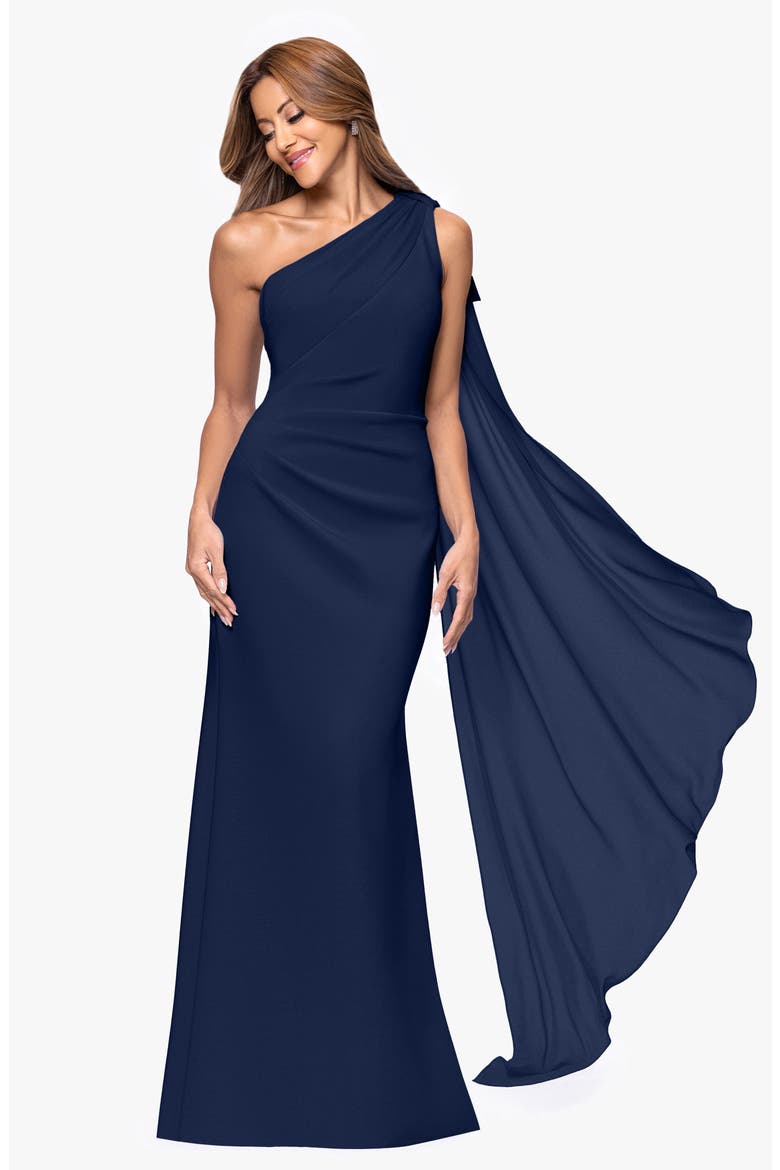 Sash Detail One-Shoulder Scuba Crepe Sheath Gown, Alternate, color, MIDNIGHT