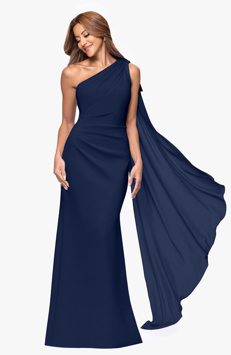 Xscape Evenings Sash Detail One-Shoulder Scuba Crepe Sheath Gown, Alternate, color, 