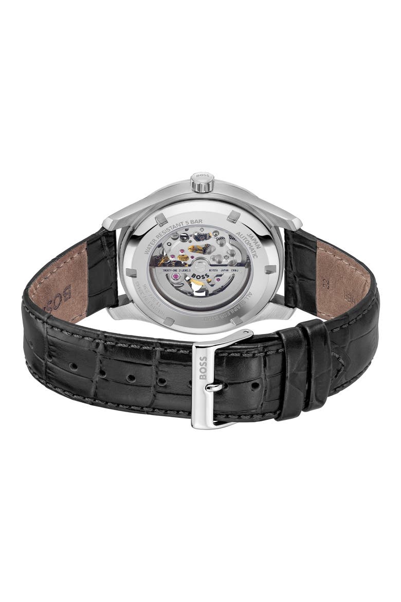 Principle Skeleton Automatic Leather Strap Watch, 41mm, Alternate, color, BLACK