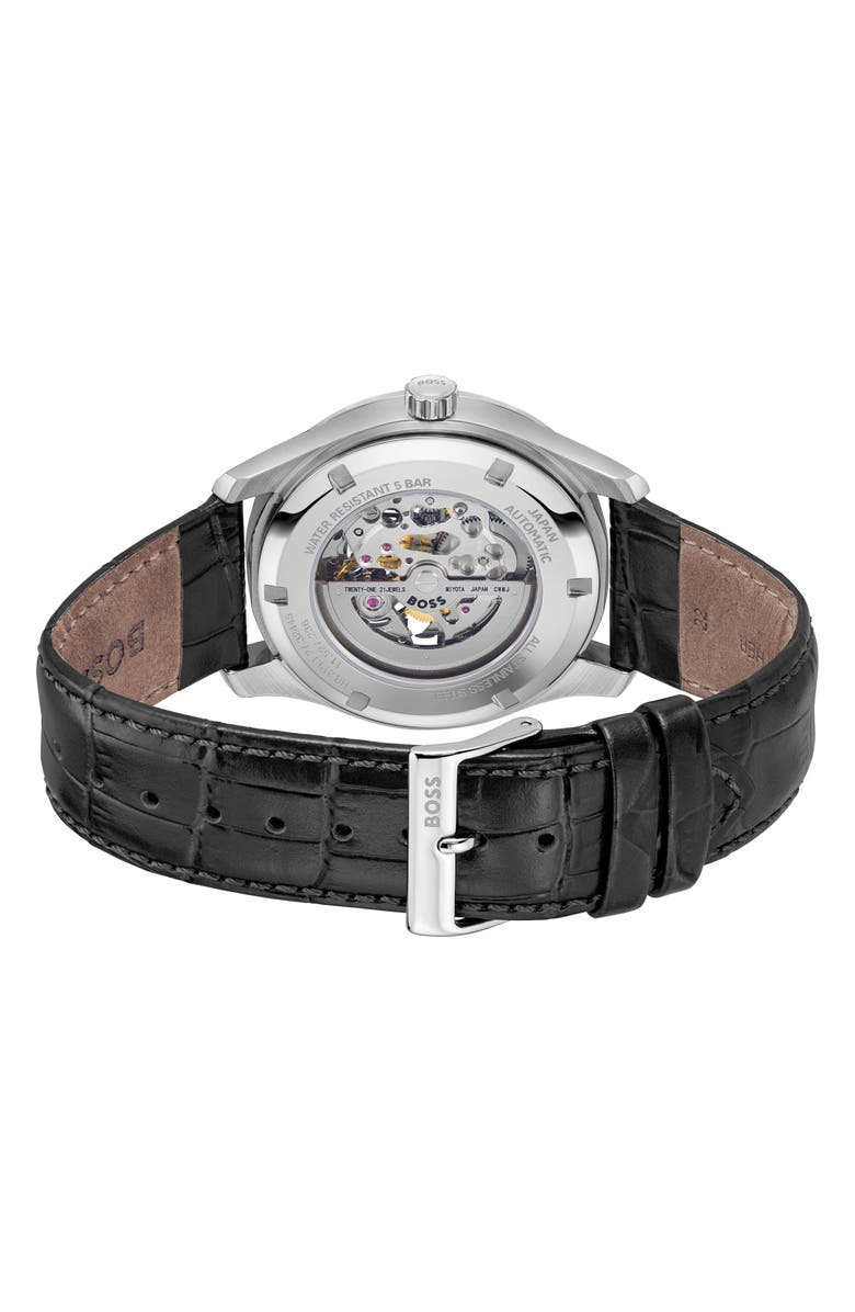 BOSS Principle Skeleton Automatic Leather Strap Watch, 41mm, Alternate, color, Black