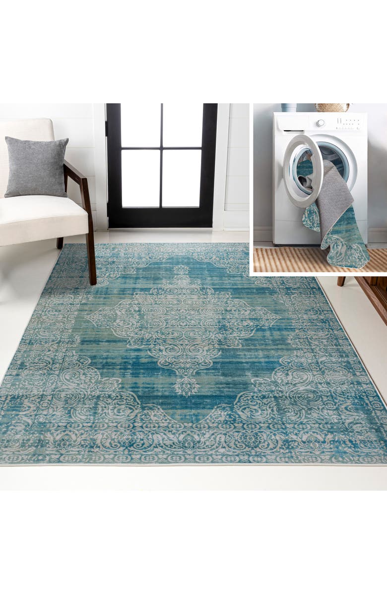 JONATHAN Y Regis Bohemian Medallion Machine-Washable Area Rug, Main, color, Teal/Cream