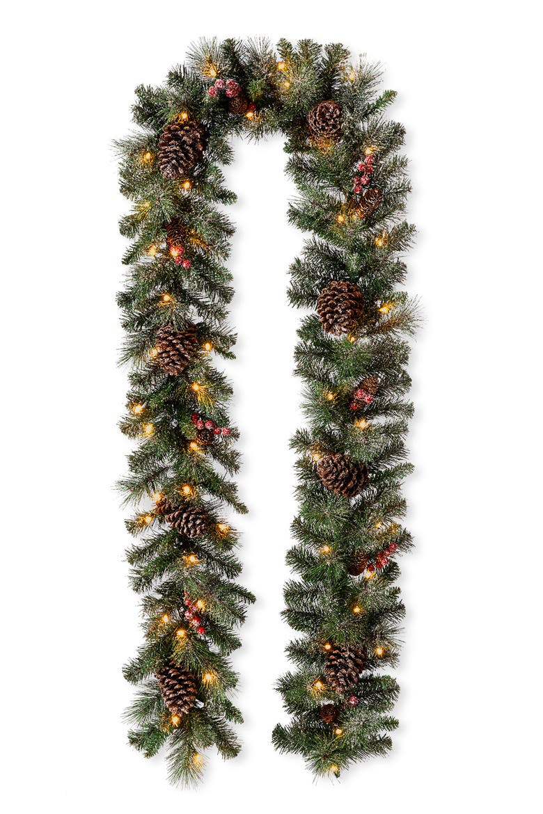 9ft Lighted Christmas Garland with Pine Cone and Timer, Main, color, Glittered Green