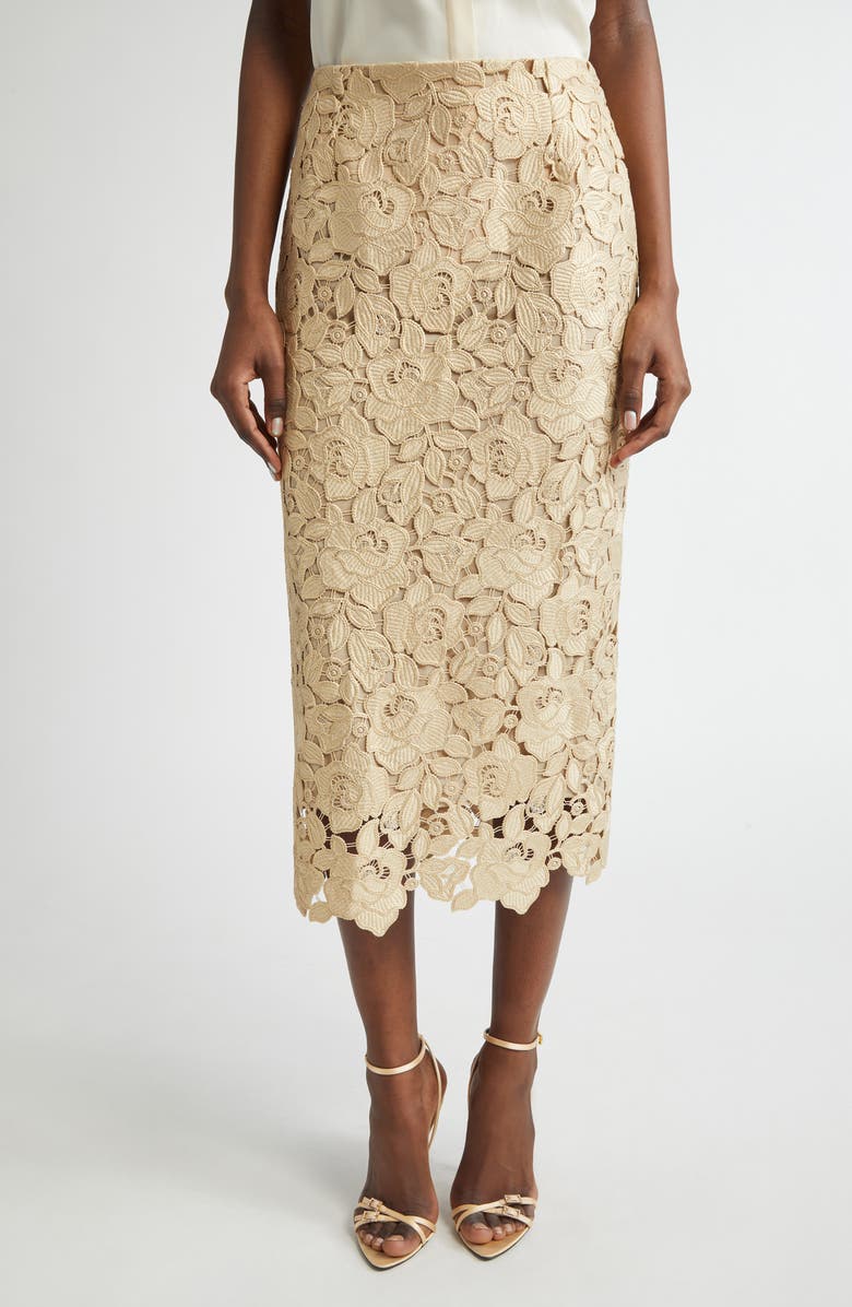 Oscar de la Renta Foiled Rose Guipure Lace Midi Pencil Skirt, Main, color,