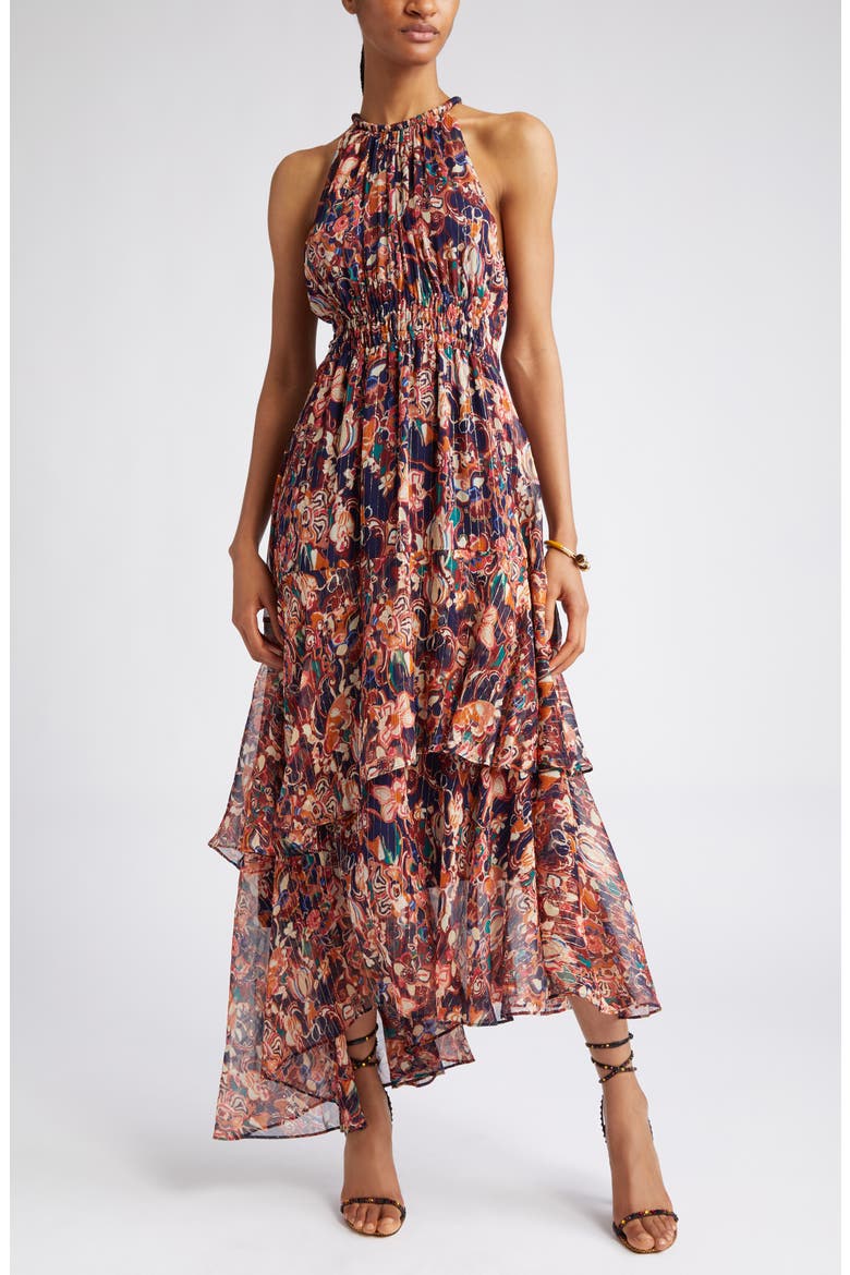Elaine Tiered Silk Blend Dress, Main, color, PORT WINE MULTI