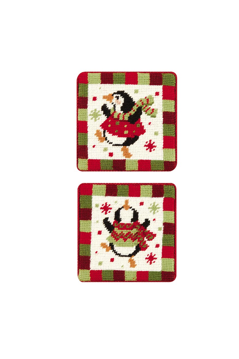 4" Dancing Penguins Holiday Petit Point Coasters Set of 4, Alternate, color, Off-White