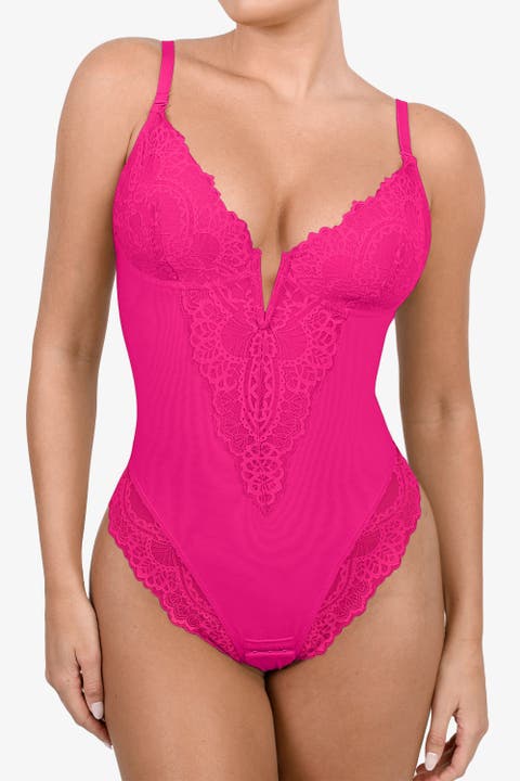 Plus Size Shapewear Lace Deep V-Neck Sculpting Thong Bodysuit