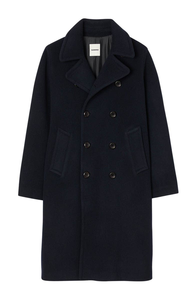 SANDRO Double-breasted wool coat, Alternate, color, Navy Blue