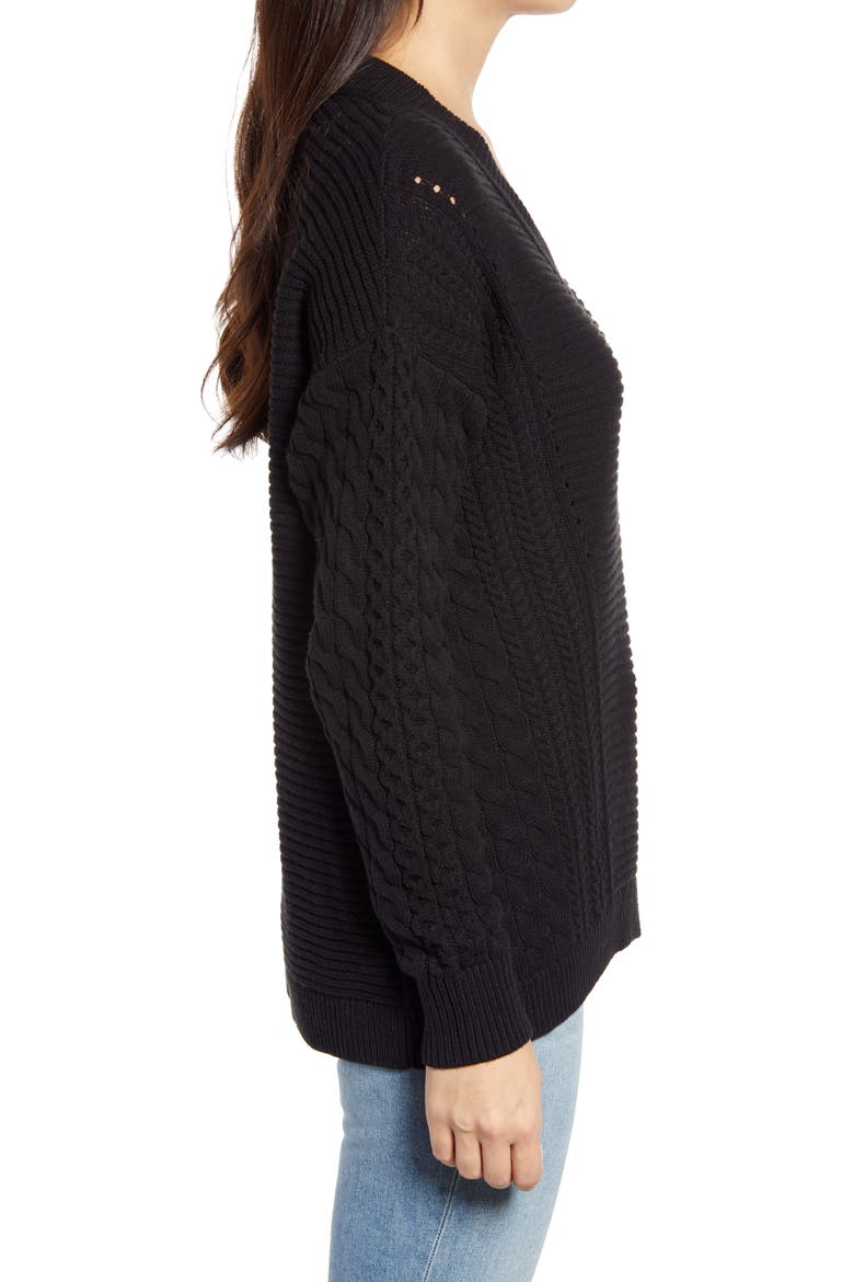 Cable V-Neck Sweater, Alternate, color, BLACK