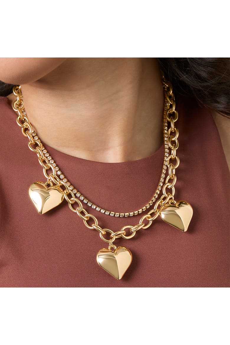 Triple Heart Statement Necklace, Alternate, color, Gold