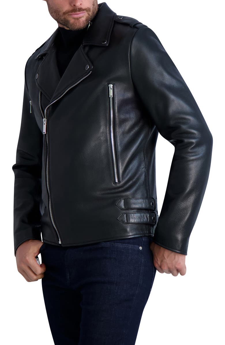KARL LAGERFELD PARIS Asymmetric Leather Moto Jacket, Alternate, color, Black
