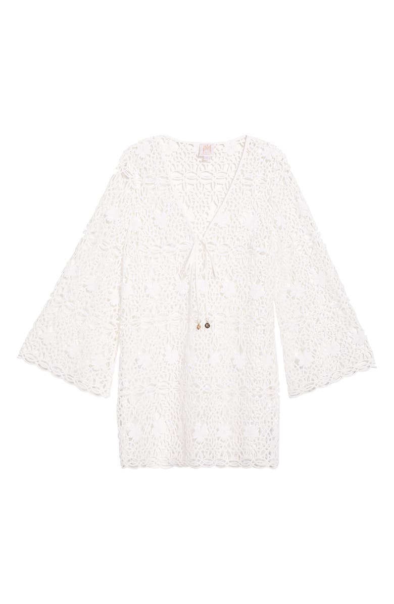 Milly Viara Geo Long Sleeve Lace Sheer Cover-Up Minidress, Alternate, color, White