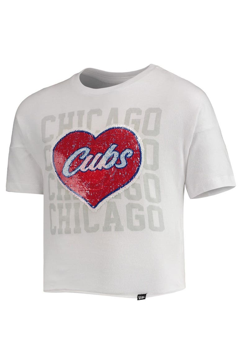 Girls Youth New Era White Chicago Cubs Flip Sequin Heart Crop Top, Alternate, color, White