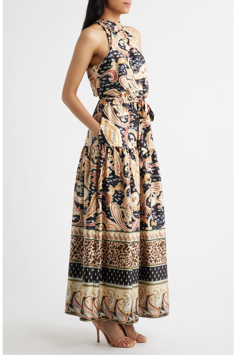 Paisley Print Stretch Satin Maxi Dress, Alternate, color, BLACK MULTI