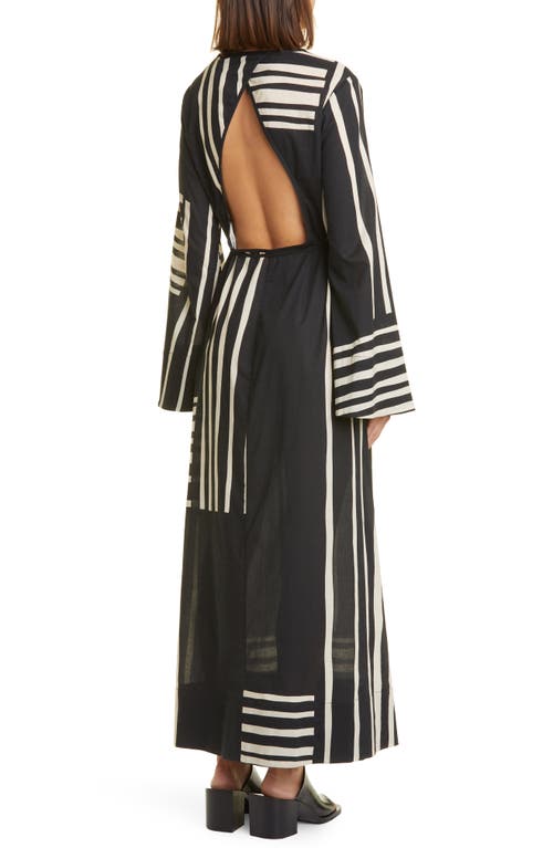 Sir Linocut Stripe Long Sleeve Open Back Cotton Maxi Dress In Ligne