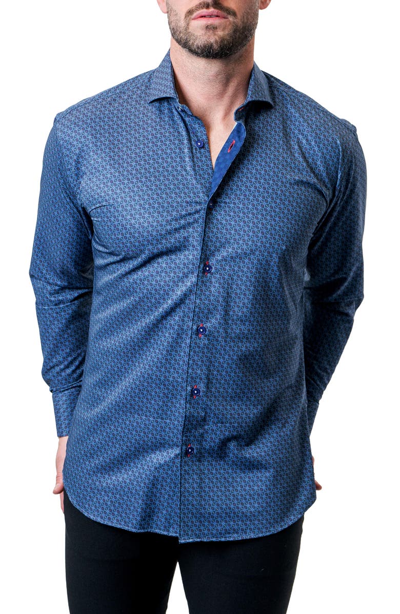 Maceoo Einstein Maze Gingham Blue Contemporary Fit Button-Up Shirt, Alternate, color, Blue