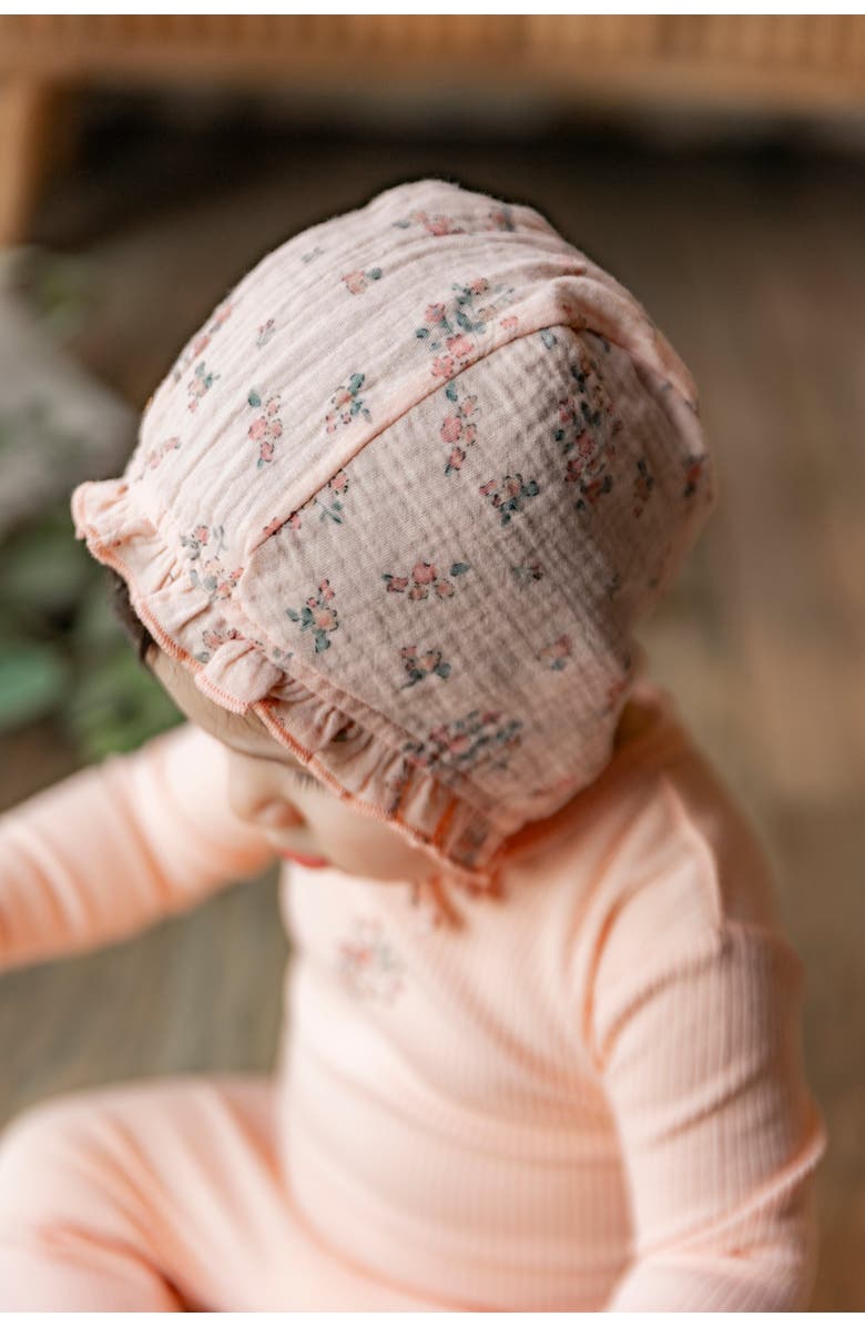 Space Grey Pointelle Rib Romper and Floral Gauze Bonnet Set, Alternate, color, Pink