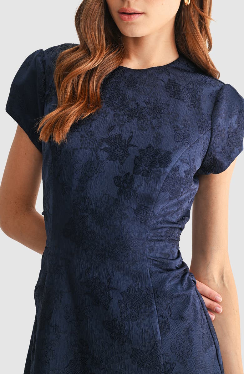 Mila Mae Cap Sleeve Ruched Jacquard Fit & Flare Dress, Alternate, color, Navy