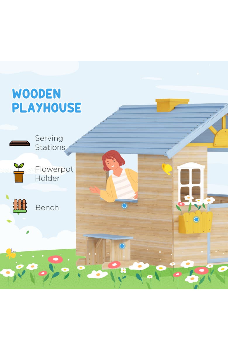 Outsunny Wooden Playhouse with Working Door, Windows, Bench, Service Station, Flower Pot Holder, Alternate, color, 