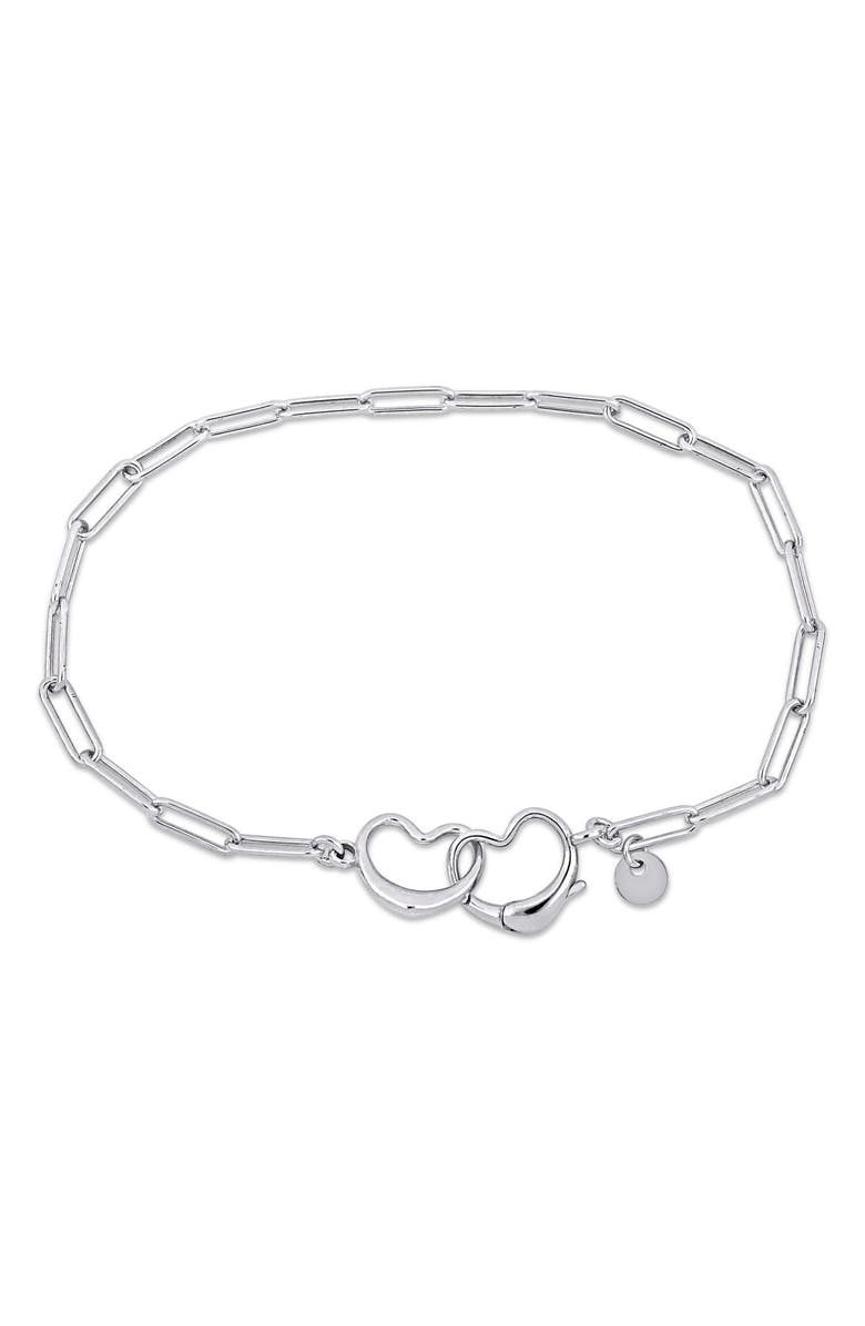 DELMAR Double Heart Paperclip Link Bracelet, Main, color, Silver
