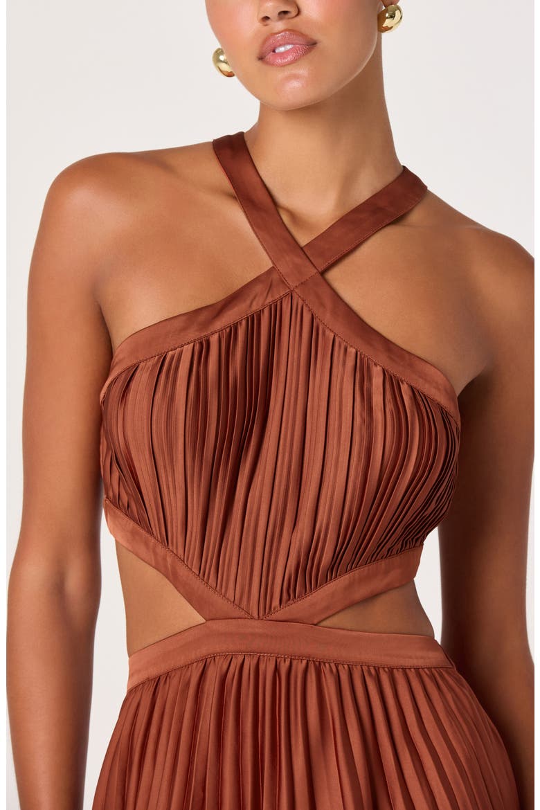 Vera Pleated Cutout Satin Maxi Dress, Alternate, color, RUST