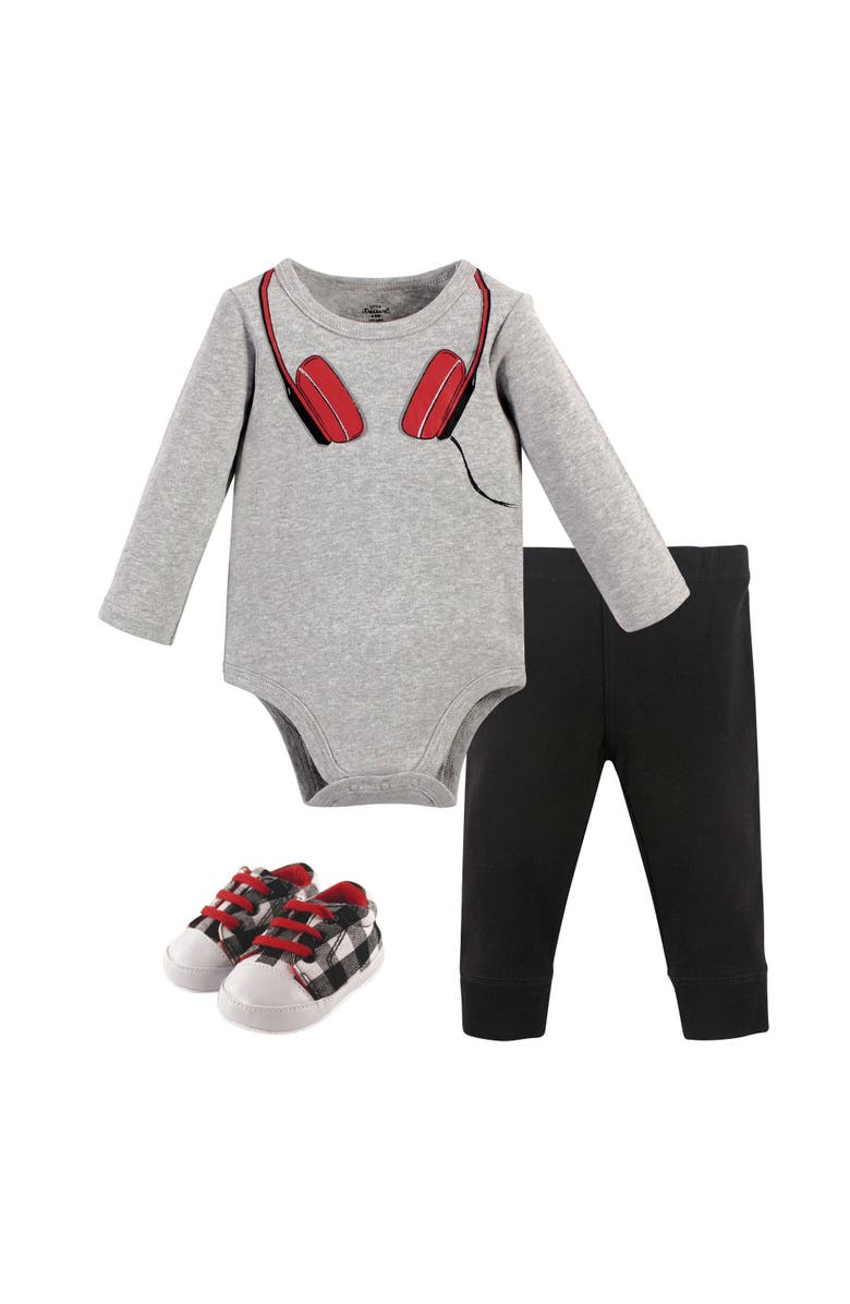 Little Treasure Long Sleeve Bodysuit, Pants and Shoe, Main, color, Red Headphones