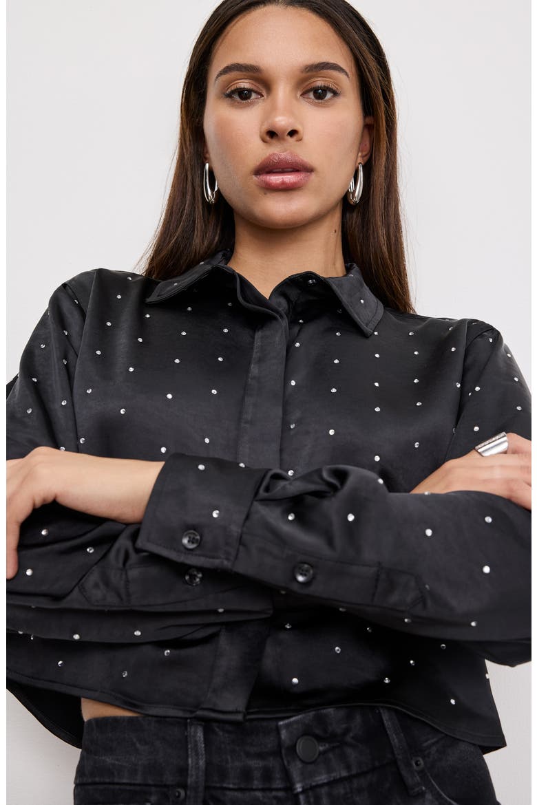 Crystal Embellished Satin Button-Up Crop Shirt, Alternate, color, BLACK001