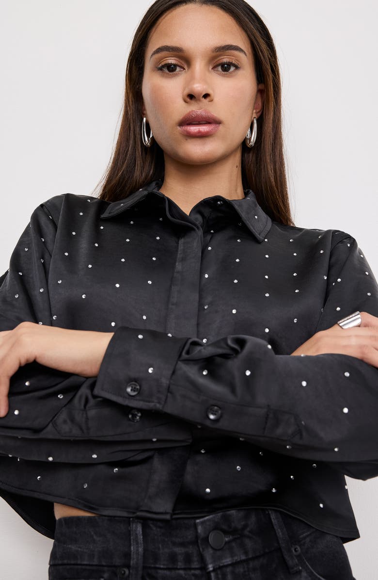 Good American Crystal Embellished Satin Button-Up Crop Shirt, Alternate, color, Black001