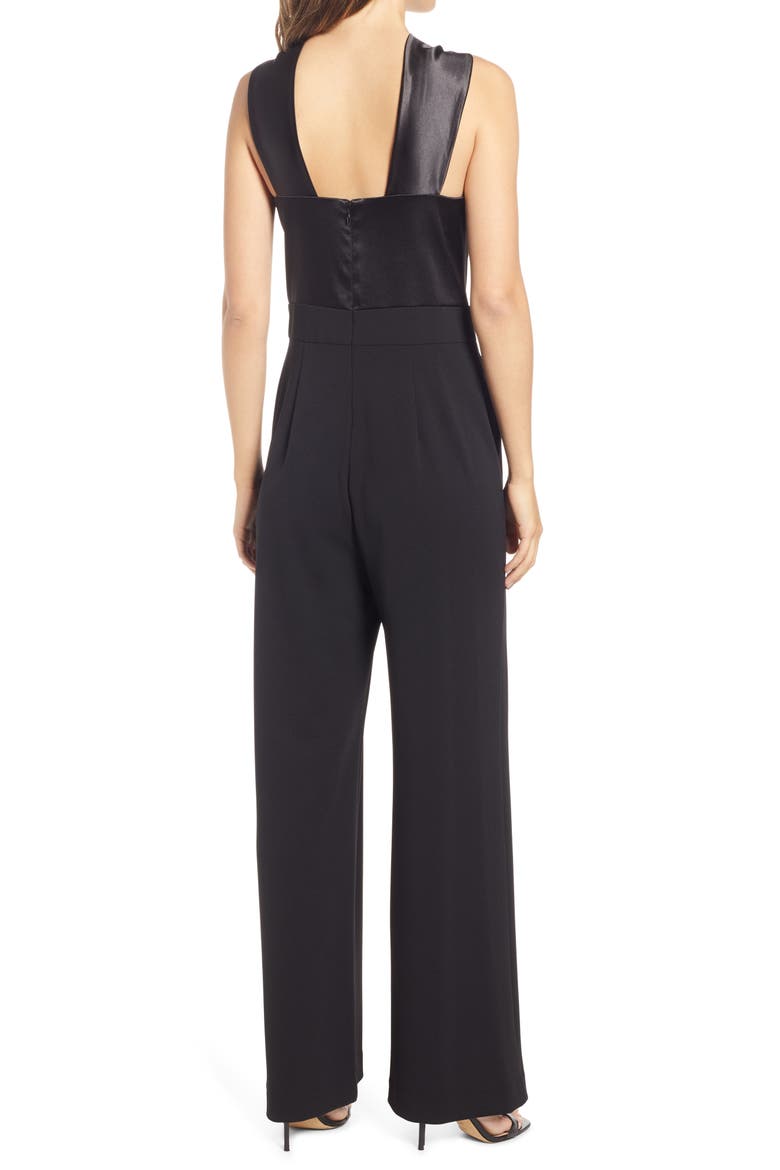Twist Neck Satin & Crepe Jumpsuit, Alternate, color, BLACK