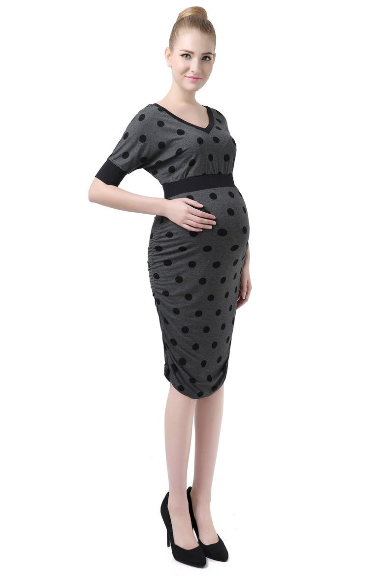 'Layna' Polka Dot Batwing Maternity Dress, Main, color, DARK HEATHER GRAY