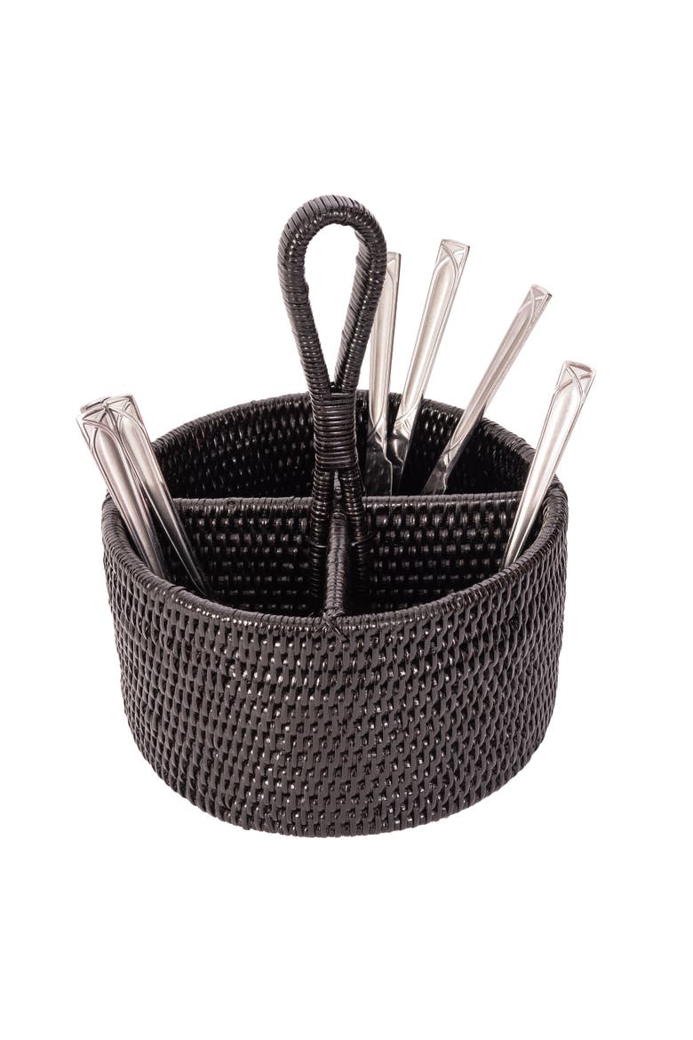Artifacts Rattan Round 4 section Caddy/Cutlery Holder, Alternate, color, Tudor Black