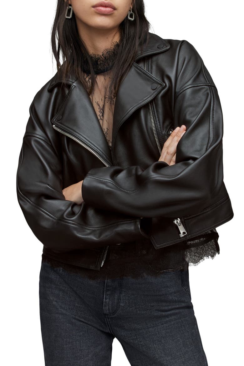 Clarke Boxy Leather Biker Jacket, Alternate, color, BLACK