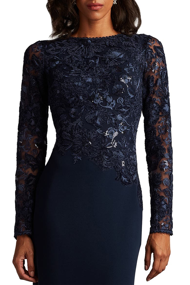 Embroidered Bodice Long Sleeve Gown, Alternate, color, NAVY/ NAVY