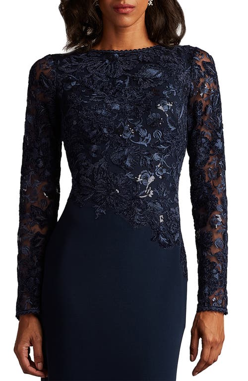 Tadashi Shoji Embroidered Bodice Long Sleeve Gown In Blue