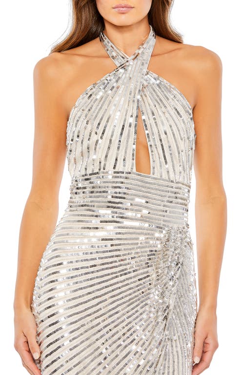 Mac Duggal Embellished Keyhole Halter Strap Draped Gown In Nude Silver